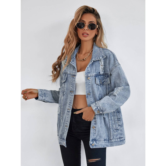 Oversized distressed ripped Front Flap Pocket Drop Shoulder Denim jean Jacket - Picture 1 of 6